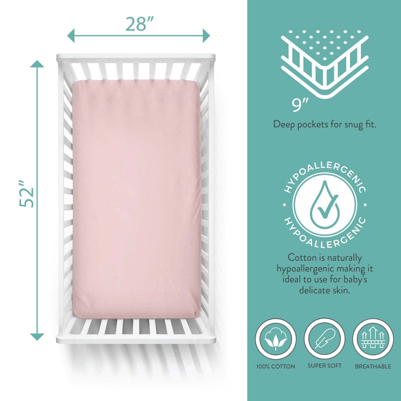 Featherhead™ 2-Pack Fitted Crib Sheets - 100% Cotton - 52" x 28" x 9" for Standard Crib and Toddler Mattress (Percale Pink) - Image 2